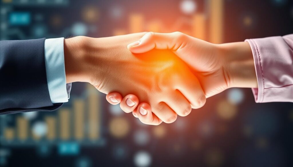 An image representing peer-to-peer lending, such as a person-to-person handshake with a subtle background of digital elements.