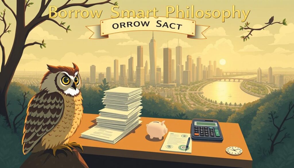 An intricate illustration of the "Borrow Smart Philosophy", showcasing a thoughtful monetary landscape. In the foreground, a wise owl perches, representing prudent financial decision-making. The middle ground features a well-organized desk, with a stack of documents, a piggy bank, and a calculator, symbolizing the careful planning and analysis required for responsible borrowing. In the background, a serene cityscape with towering skyscrapers and a tranquil river, conveying the long-term financial stability that can be achieved through the "Borrow Smart" approach. The scene is illuminated by warm, natural lighting, creating a sense of harmony and balance. The overall composition exudes a tone of contemplation and financial acumen.