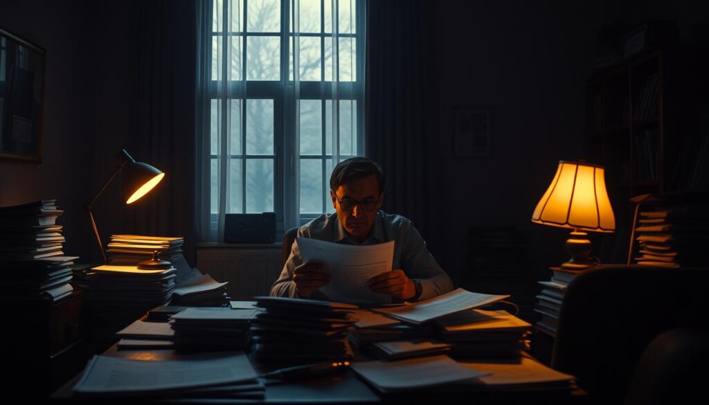 Dramatic, shadowy office interior with a lone banker sitting at a cluttered desk, surrounded by stacks of documents and a flickering desk lamp. Soft, moody lighting emanates from a window in the background, casting long shadows across the room. The banker's expression is serious, contemplative, as they scrutinize financial papers, revealing the hidden complexities and potential pitfalls of modern lending practices. The atmosphere conveys a sense of opacity and unease, hinting at the obscured realities that borrowers may not fully comprehend.